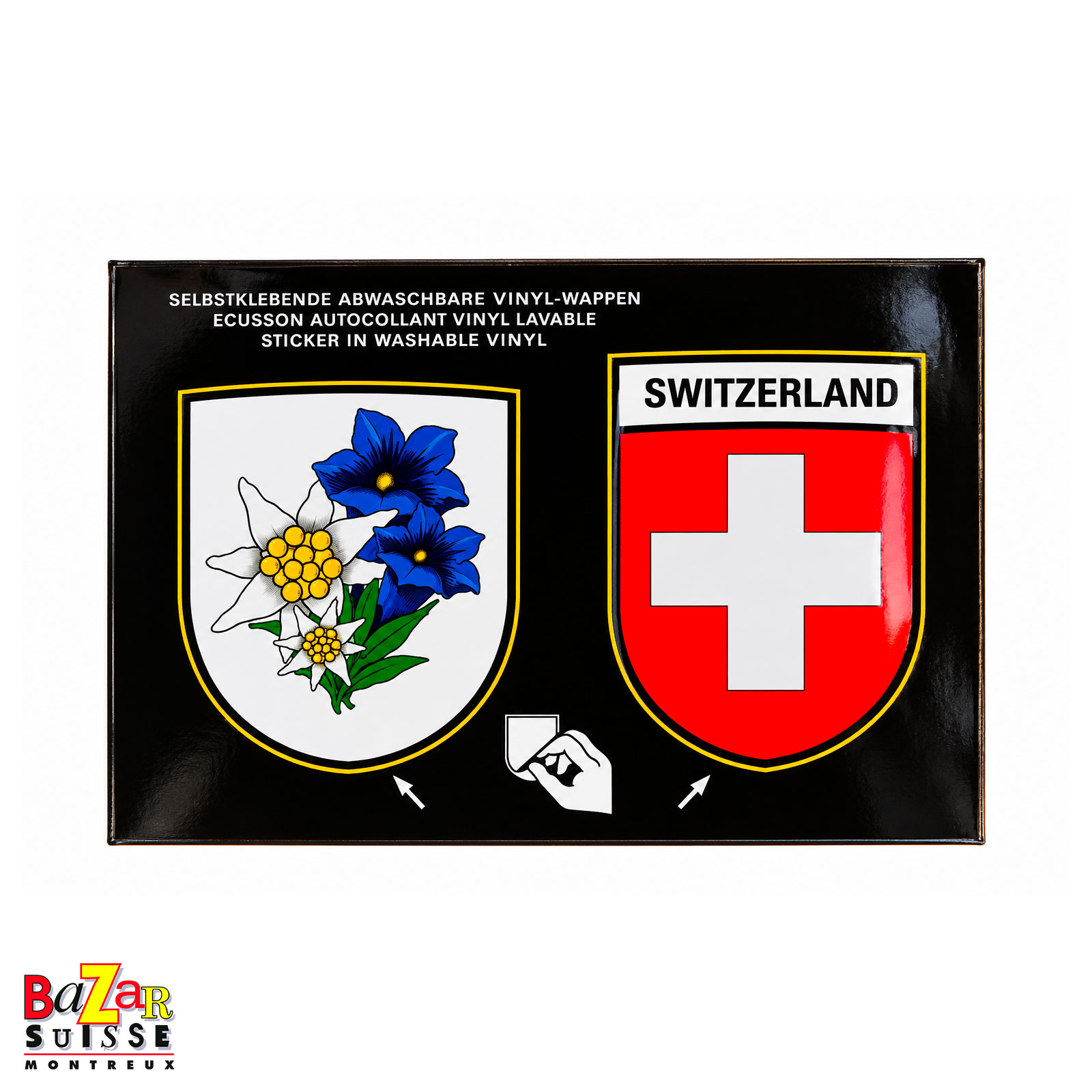 Autocollants fleurs et écusson suisse sur carte postale