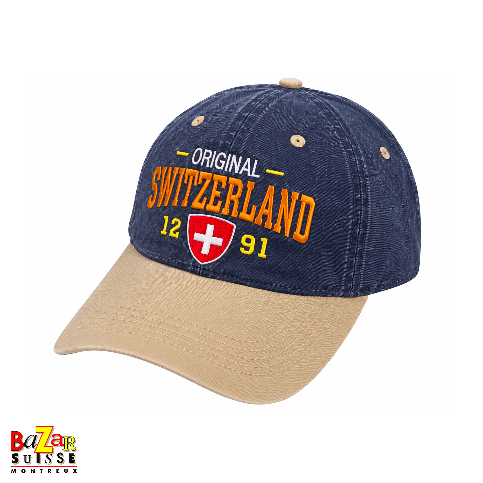 Casquette bleue et beige - broderie Switzerland