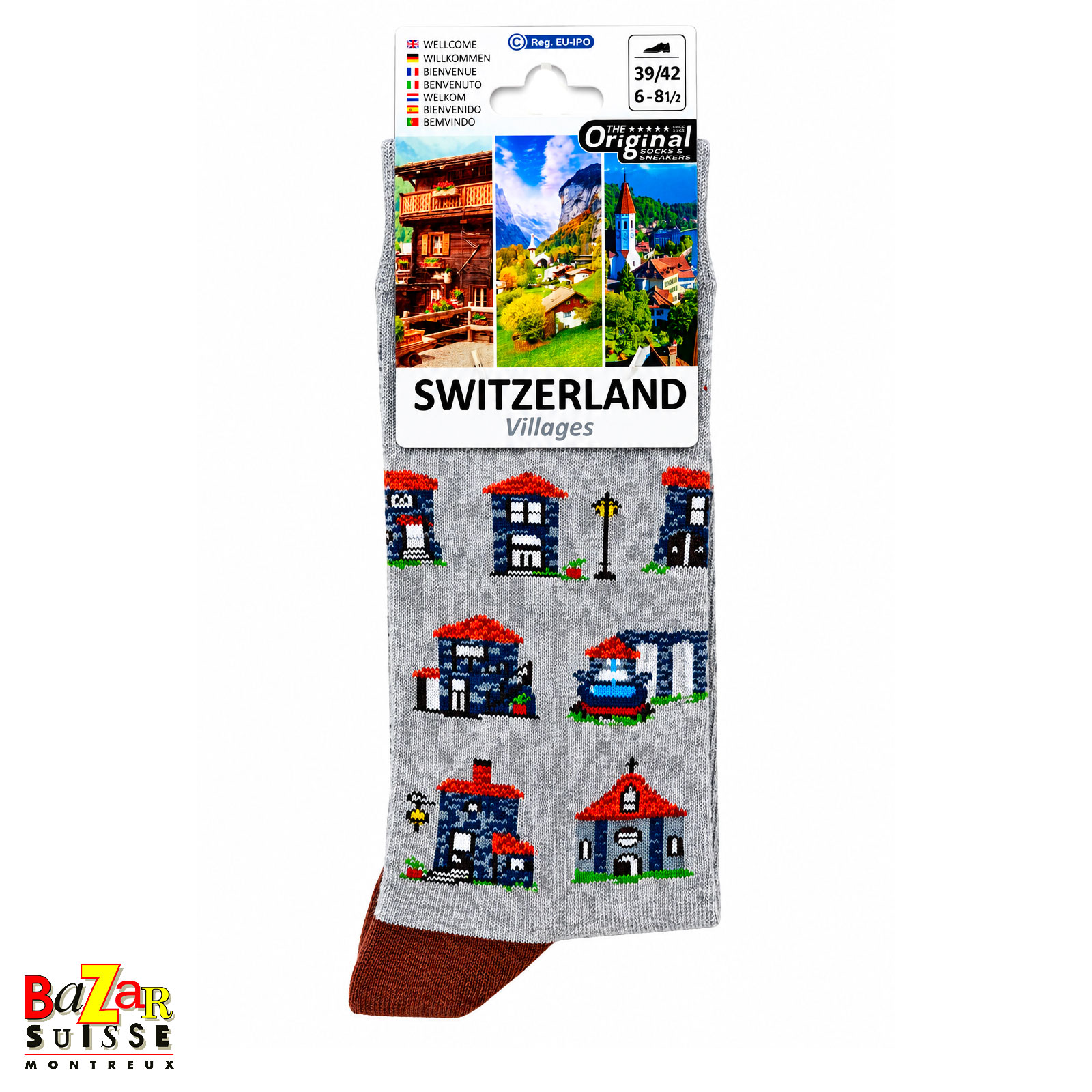 Chaussettes - villages sur fond gris