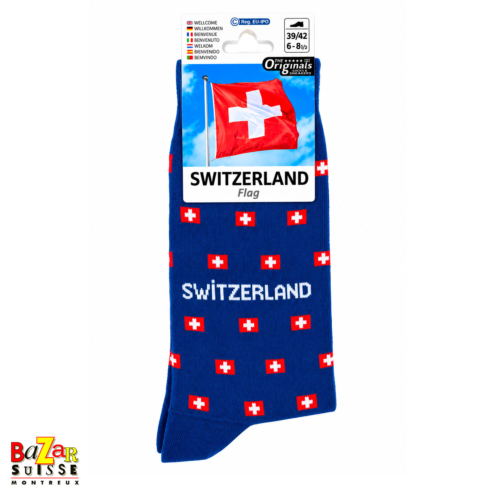 Chaussettes - drapeaux suisses sur fond bleu