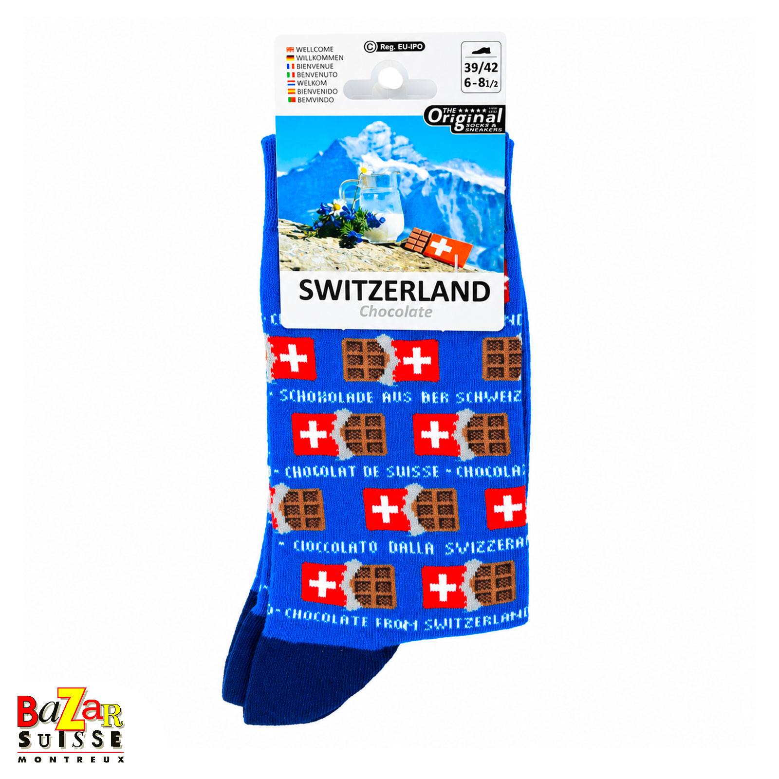Chaussettes - chocolats et croix suisses sur fond bleu