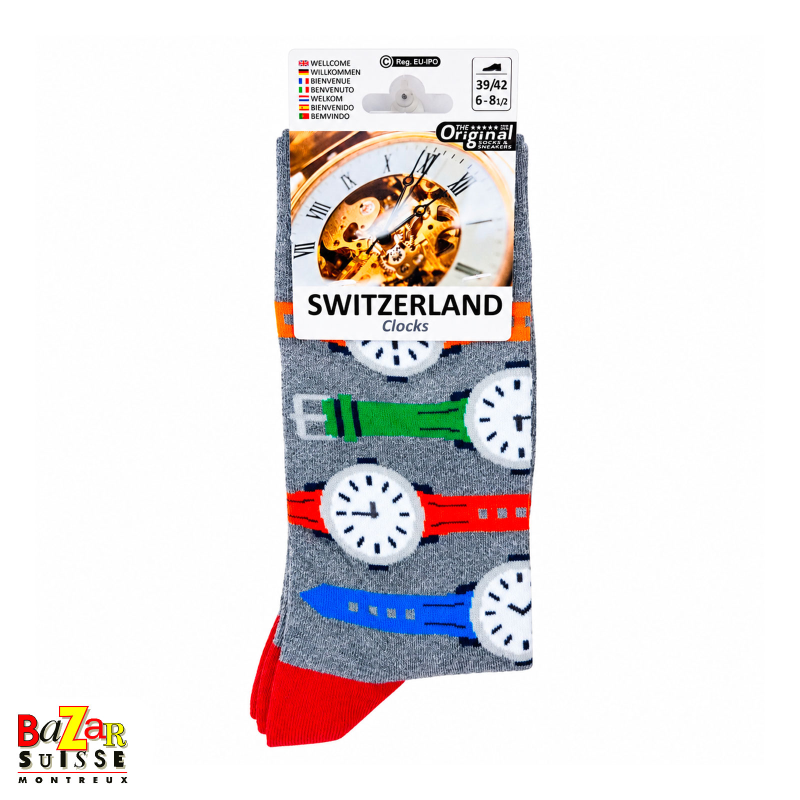Chaussettes - montres multicolores sur fond gris