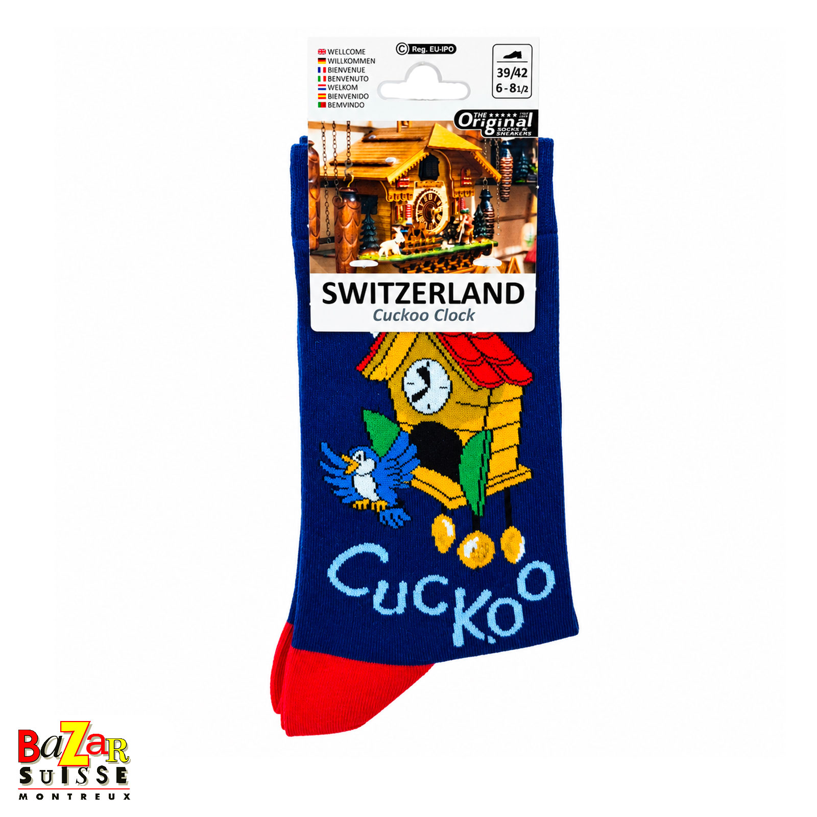 Chaussettes - horloge à coucou sur fond bleu foncé