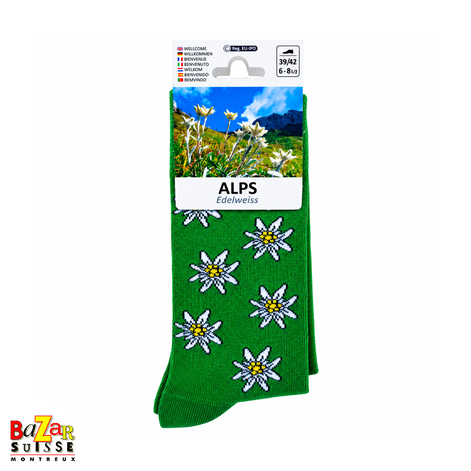 Chaussettes - edelweiss sur fond vert