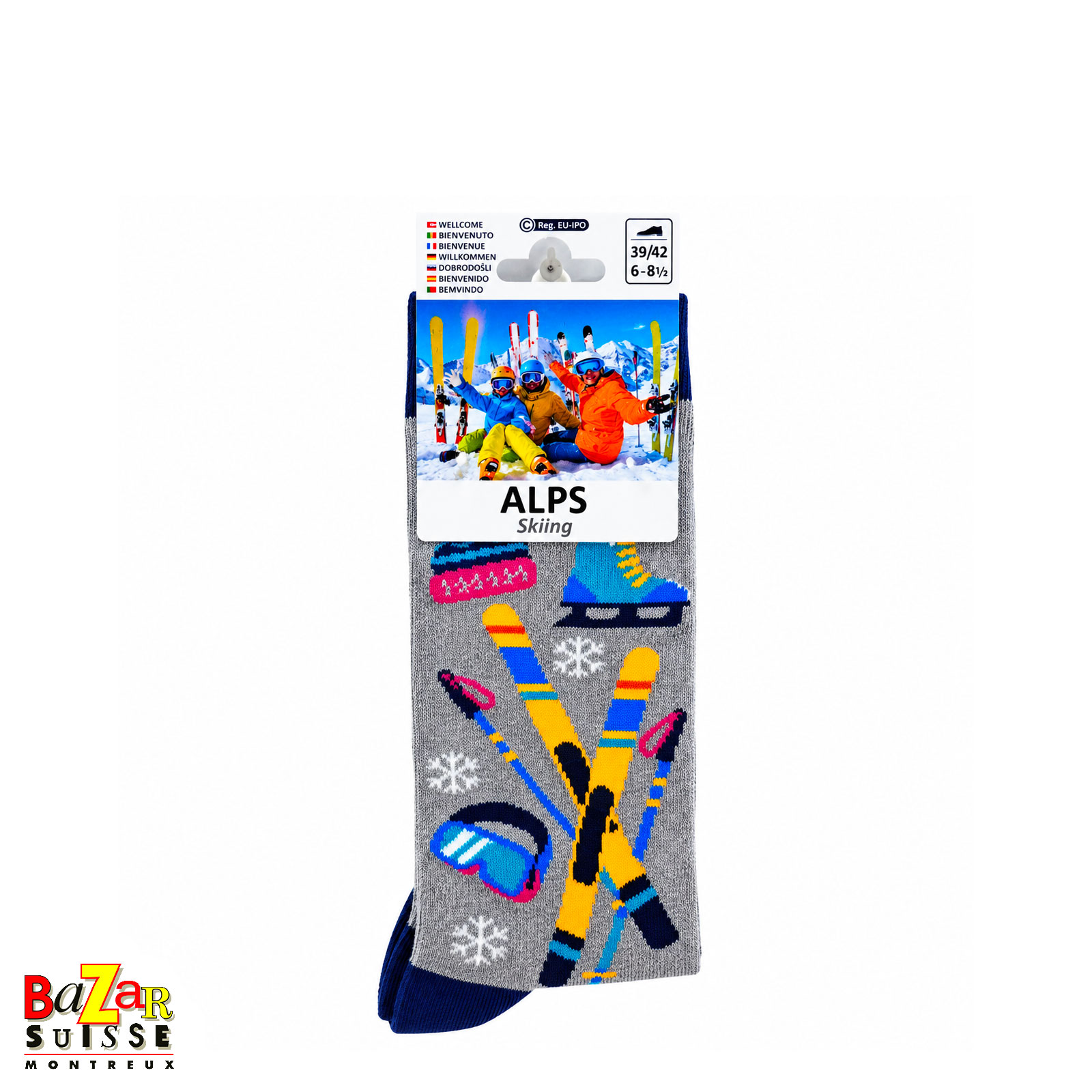Chaussettes - motifs ski sur fond gris