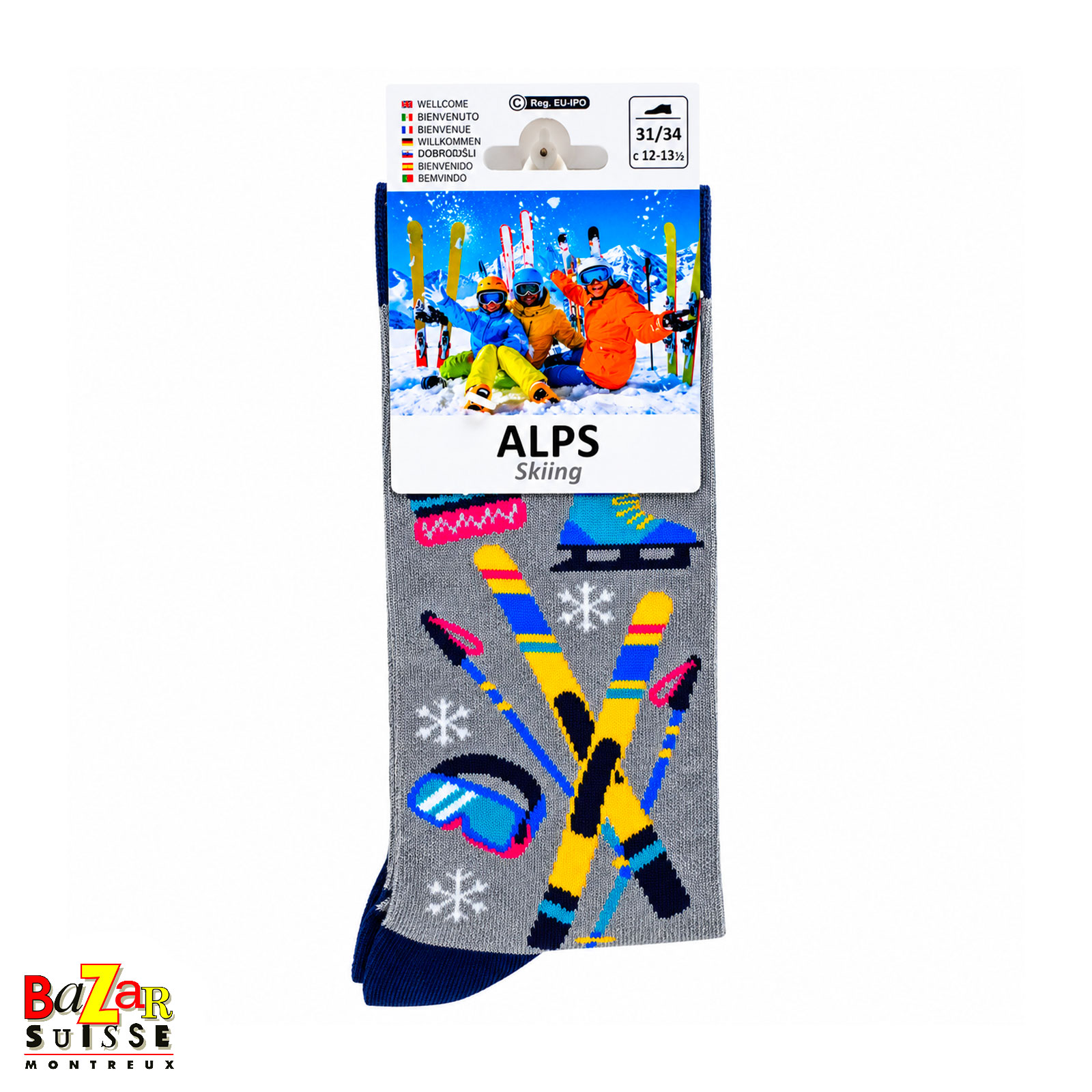 Chaussettes enfant - motifs ski sur fond gris