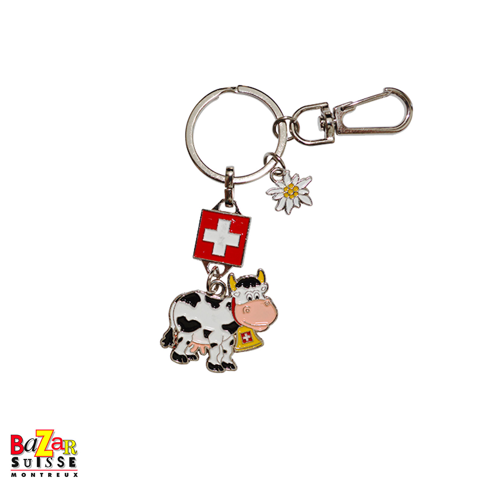 Porte-clés vache - drapeau suisse et edelweiss
