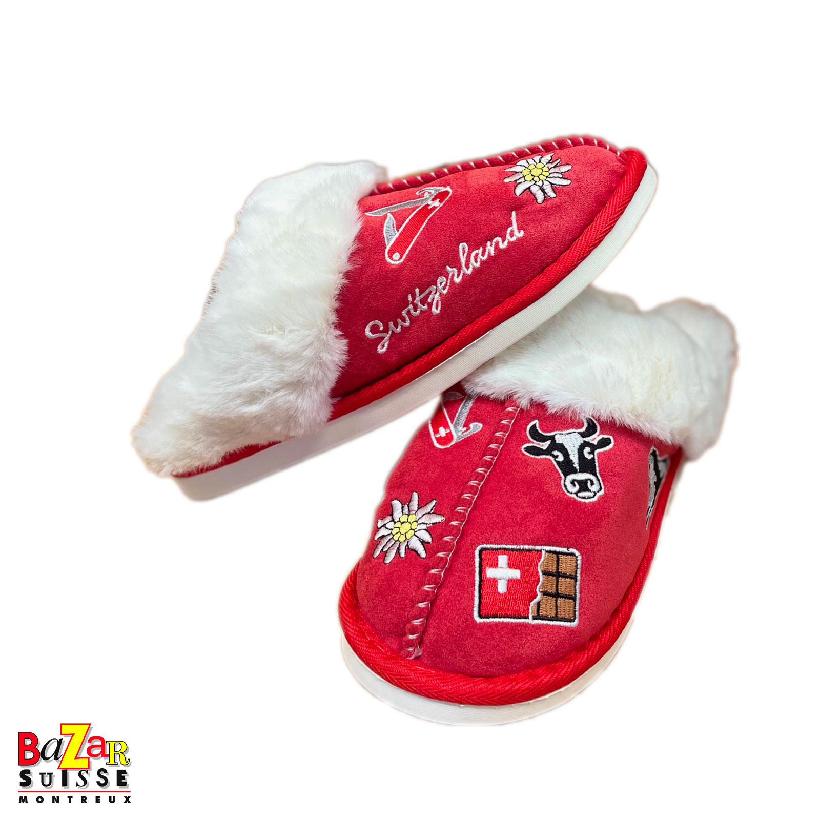 Pantoufles rouges à motifs suisses