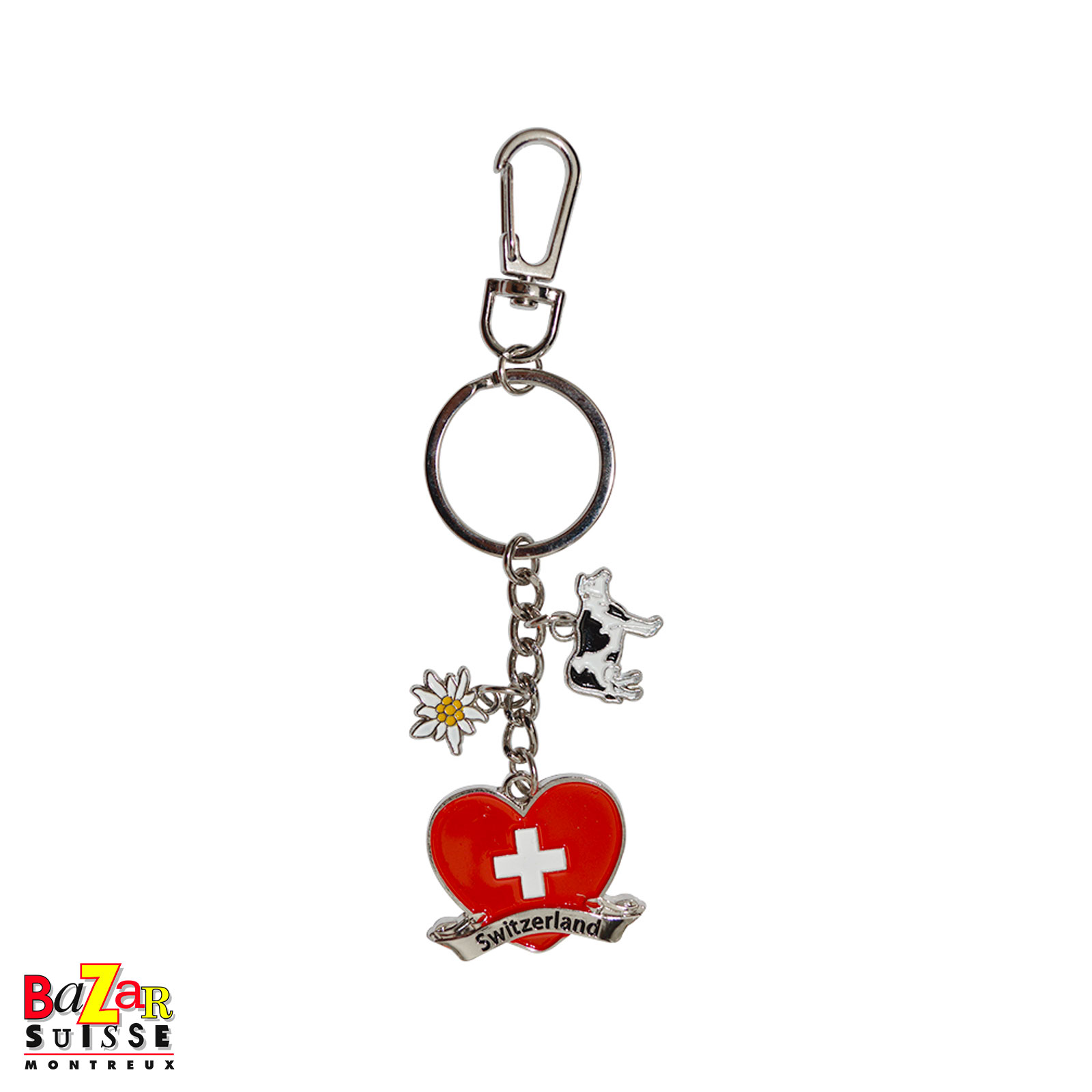 Porte-clés cœur suisse avec vache et edelweiss