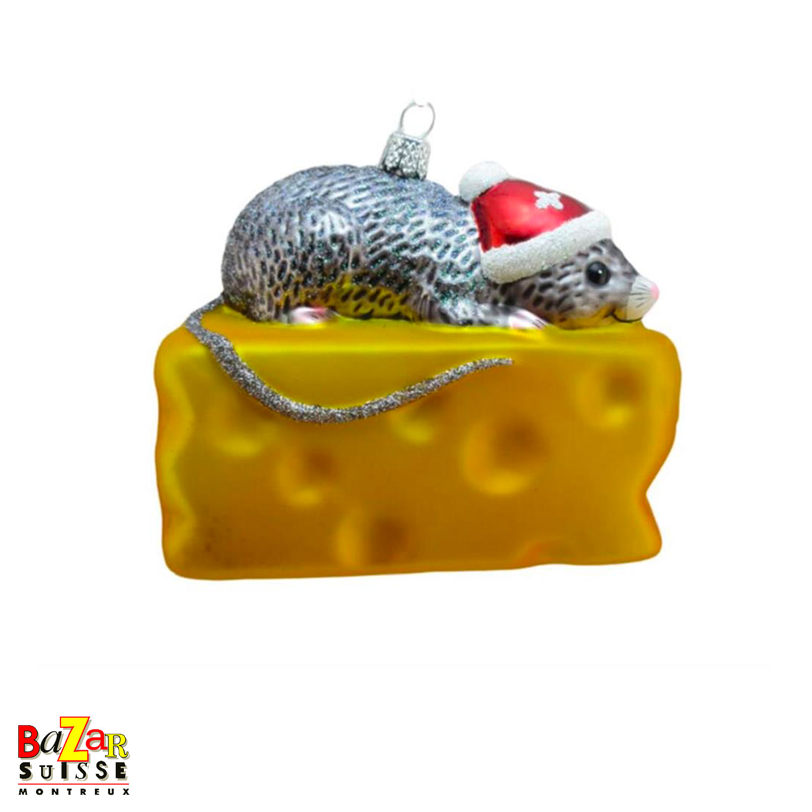 Décoration de Noël en verre - souris sur un fromage