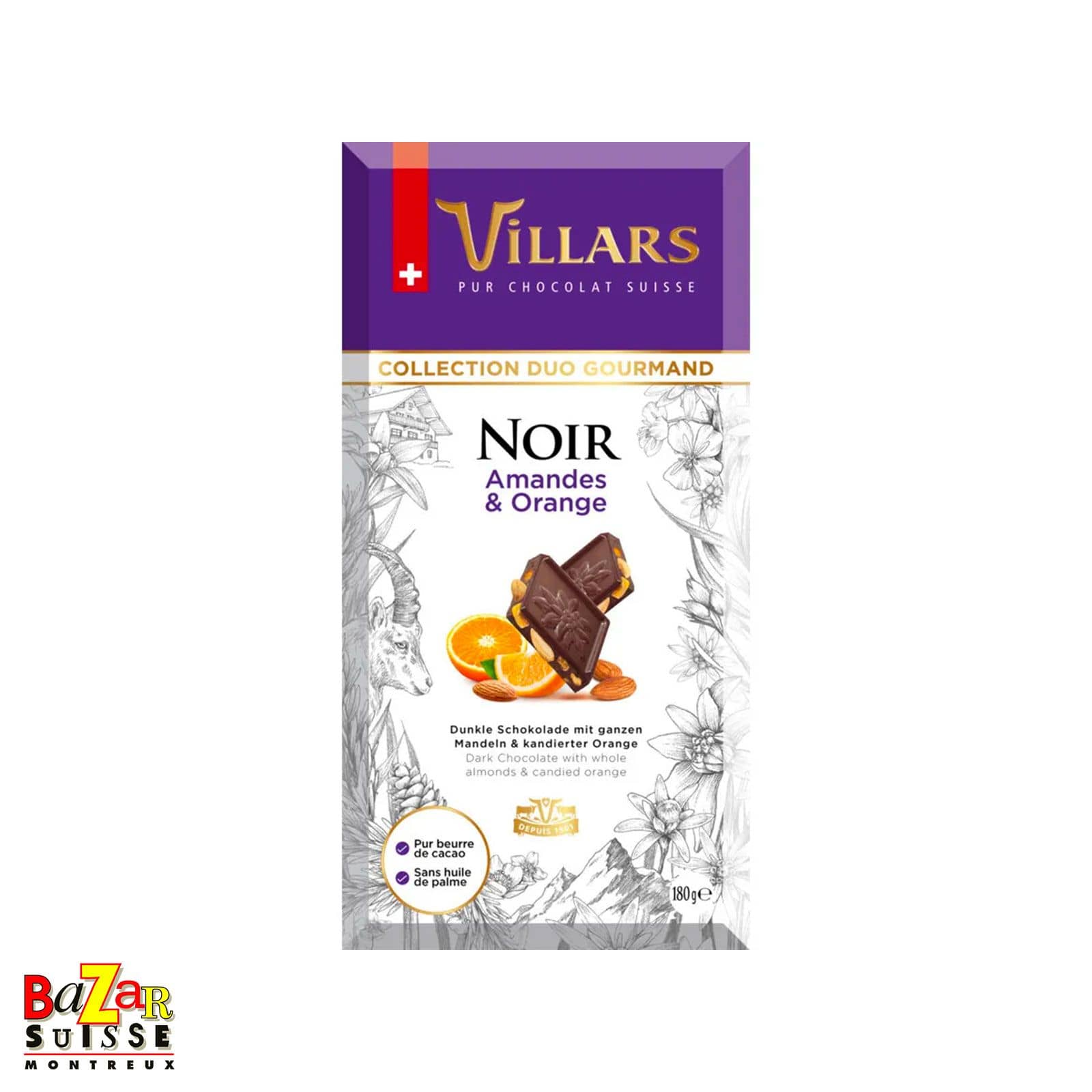 Chocolat noir Villars aux amandes et à l’orange - 180 g