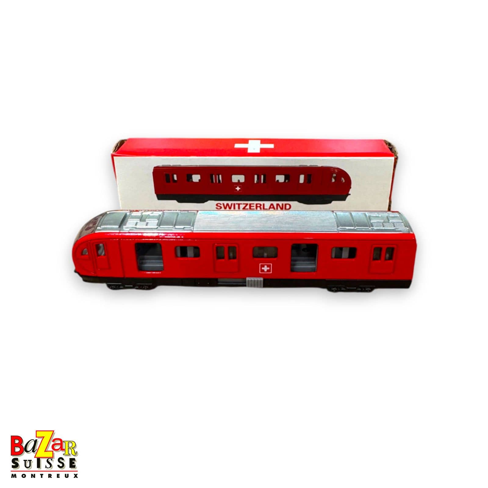 Train miniature rouge en métal - croix suisse