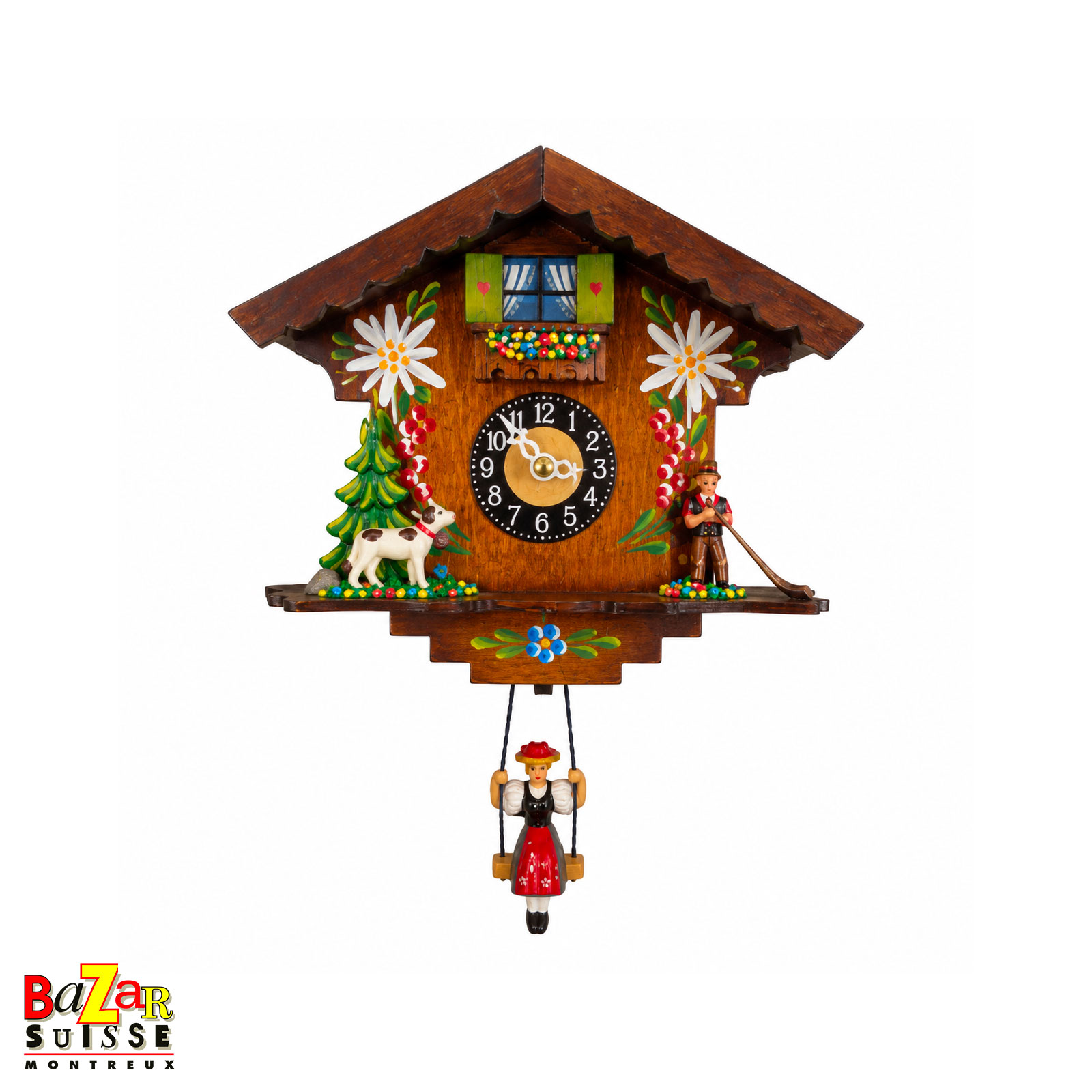 Pendulette à quartz - chalet aux edelweiss et joueur de cor - 12 cm