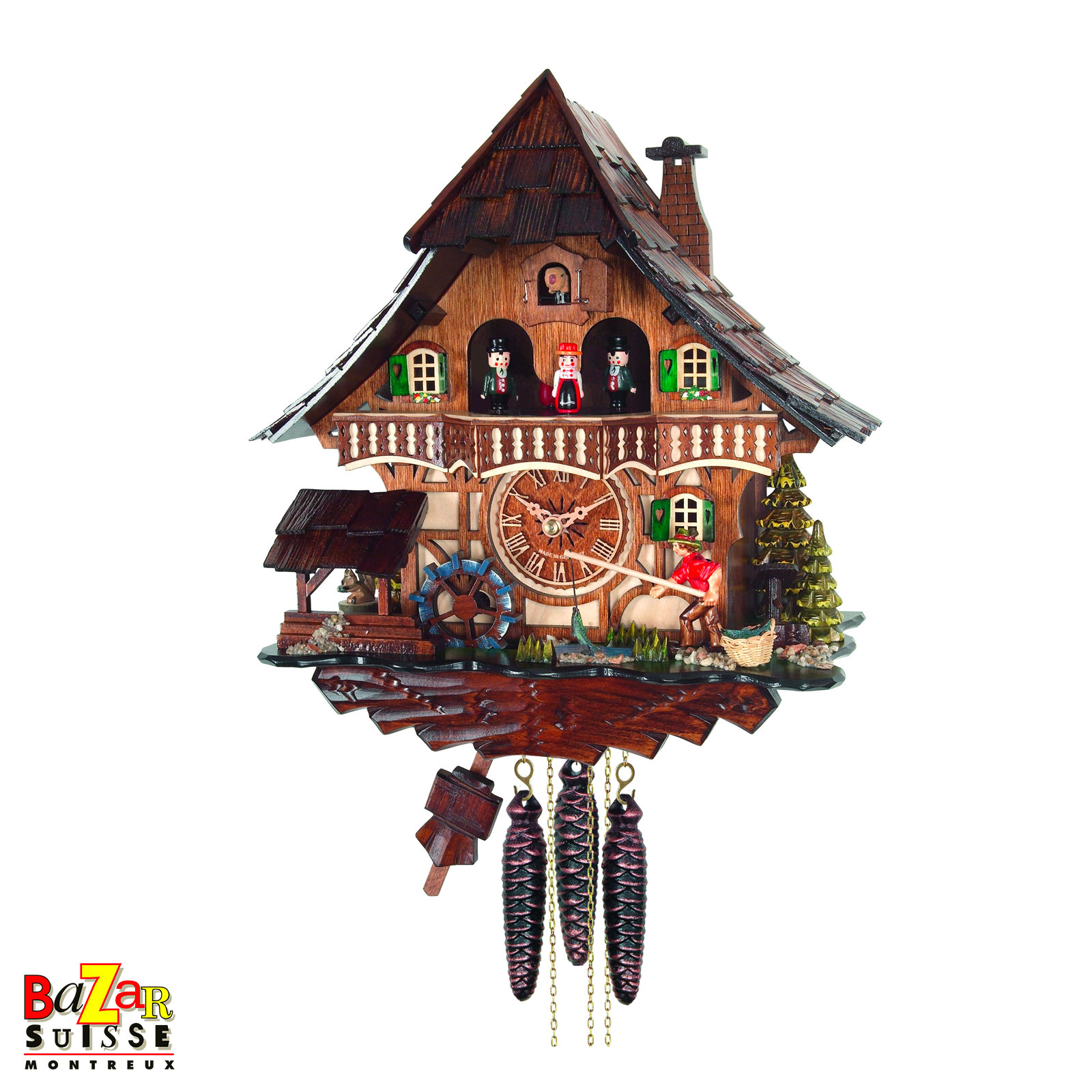 Coucou à quartz musical - pêcheur, moulin et danseurs - 34 cm
