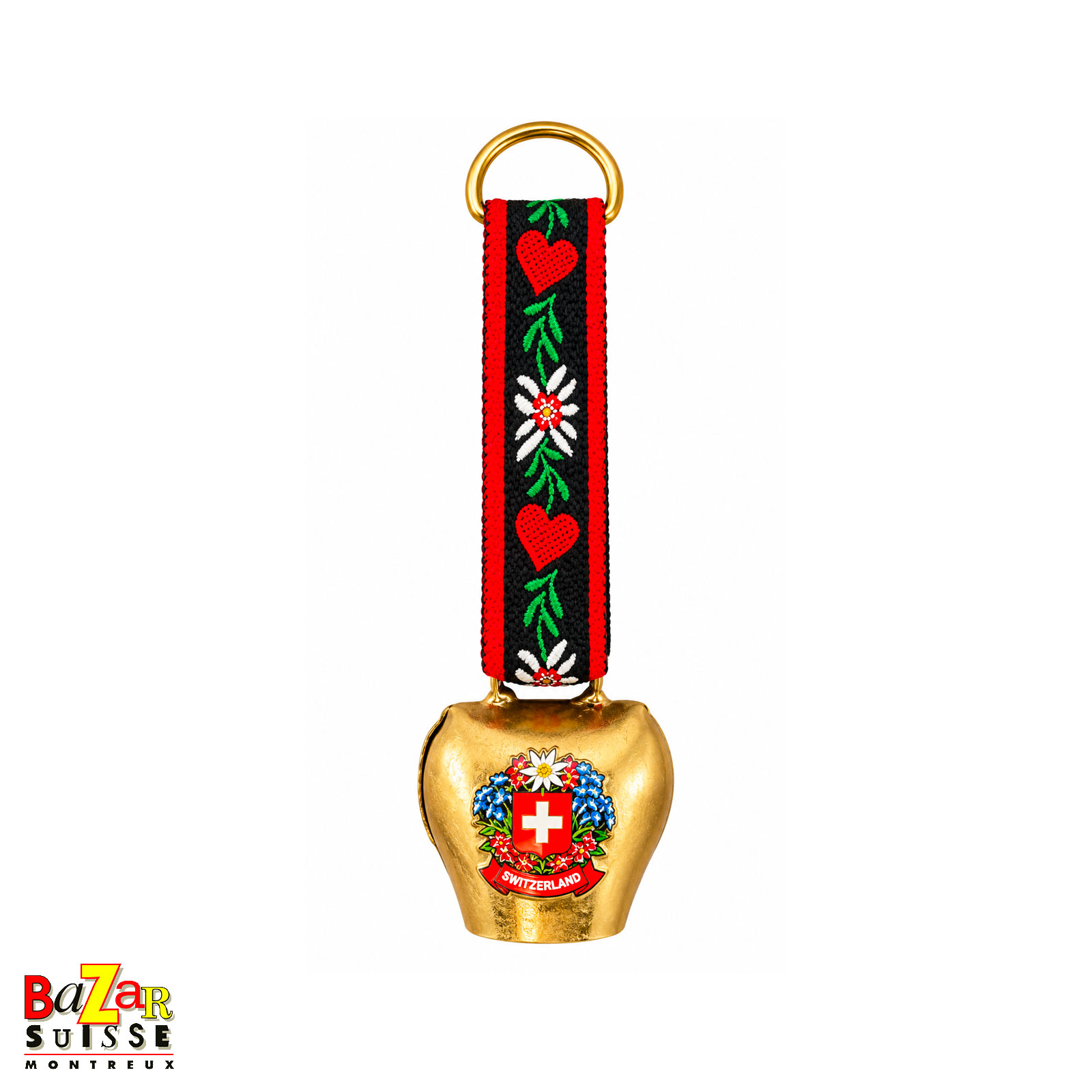 Clochette à ruban edelweiss et cœurs - 9 cm