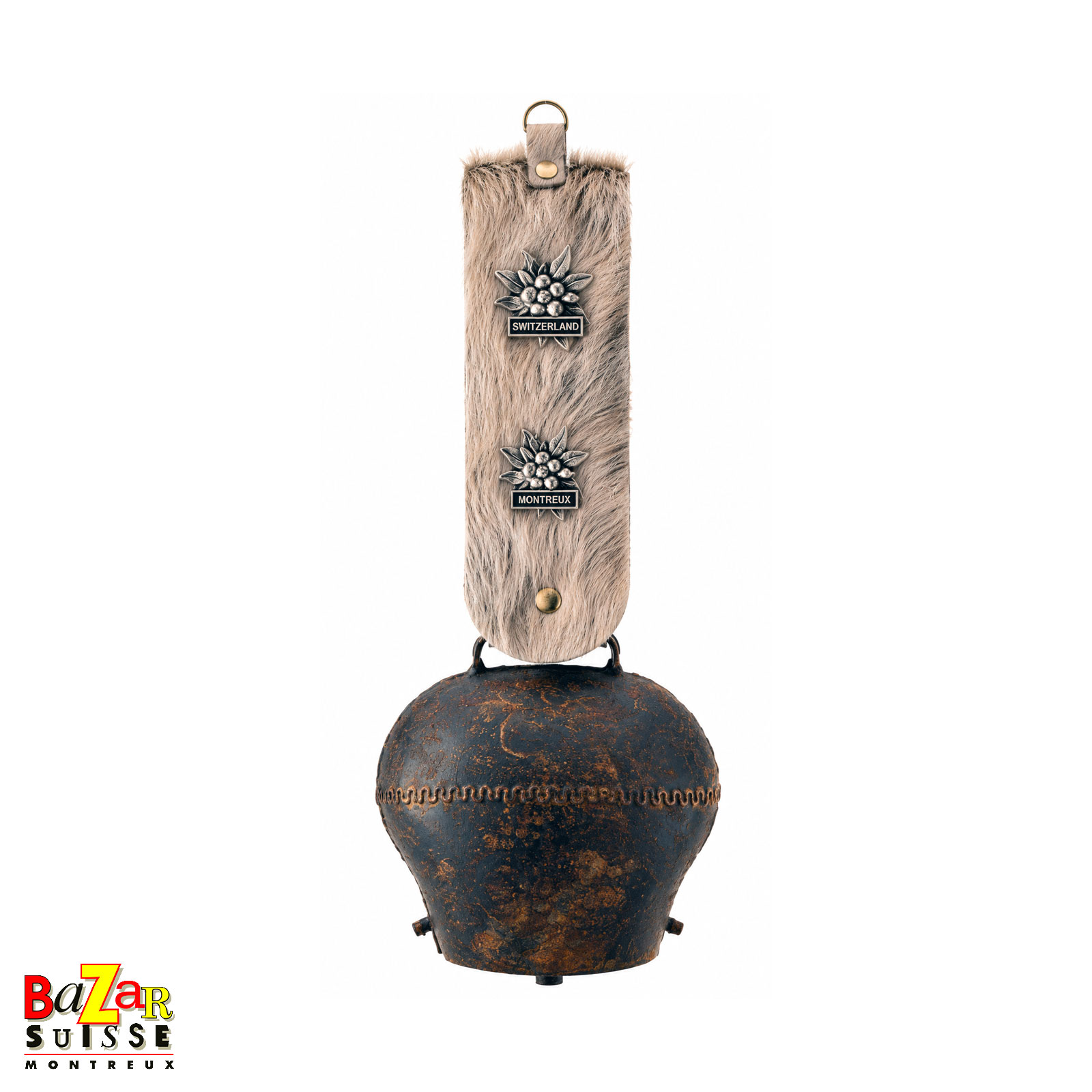 Cloche en tôle forgée et fourrure de vache - 39 cm