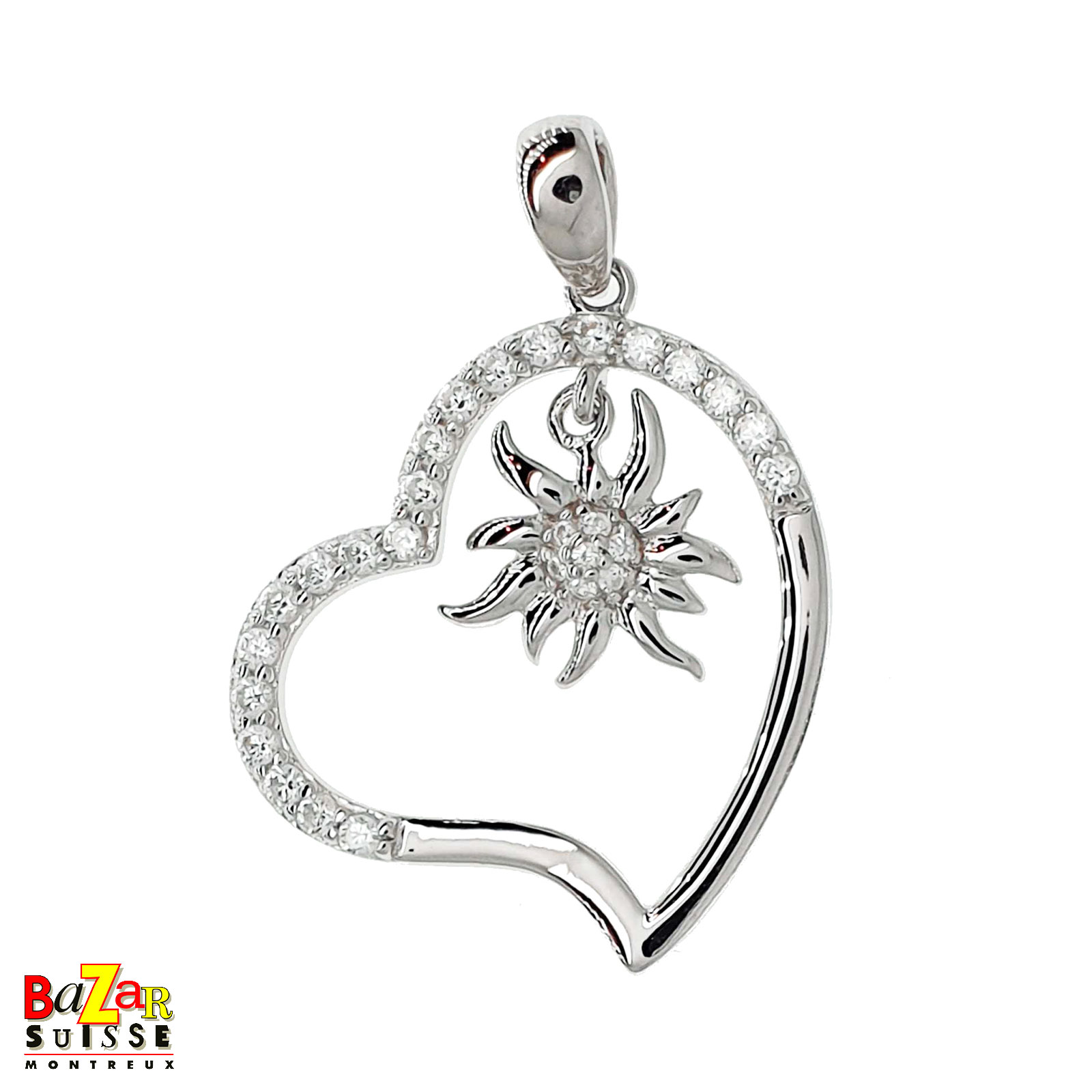Pendentif cœur et petit edelweiss - 2,5 cm - White Alpina