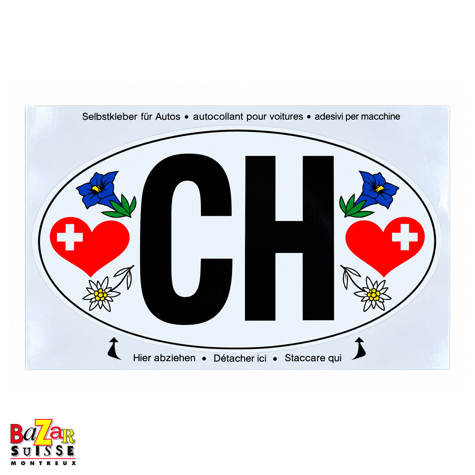 Autocollant CH fleuri pour voiture avec carte postale