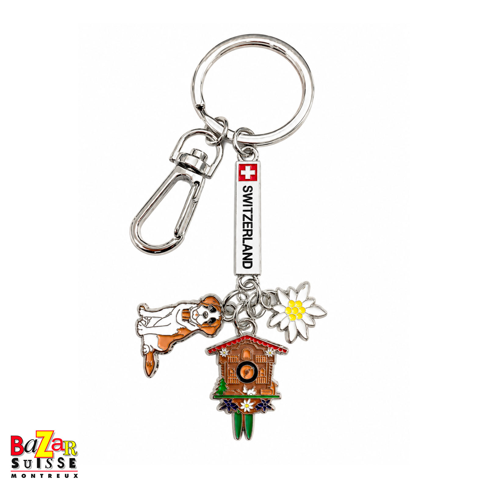 Porte-clés Switzerland - Saint-Bernard, horloge et edelweiss