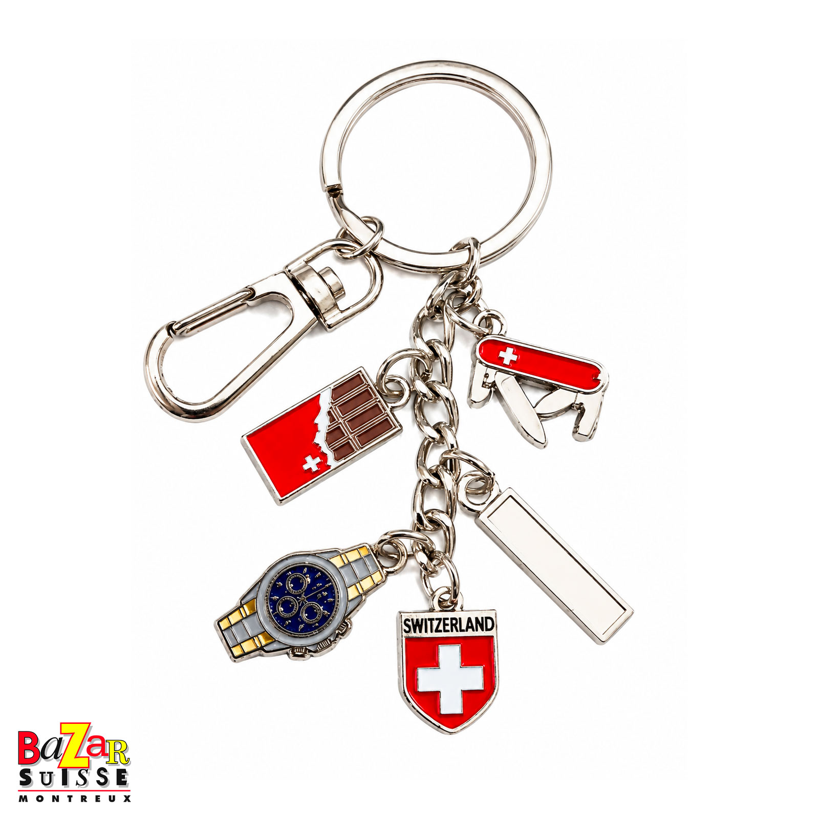 Porte-clés suisse - chocolat, montre, couteau et écusson