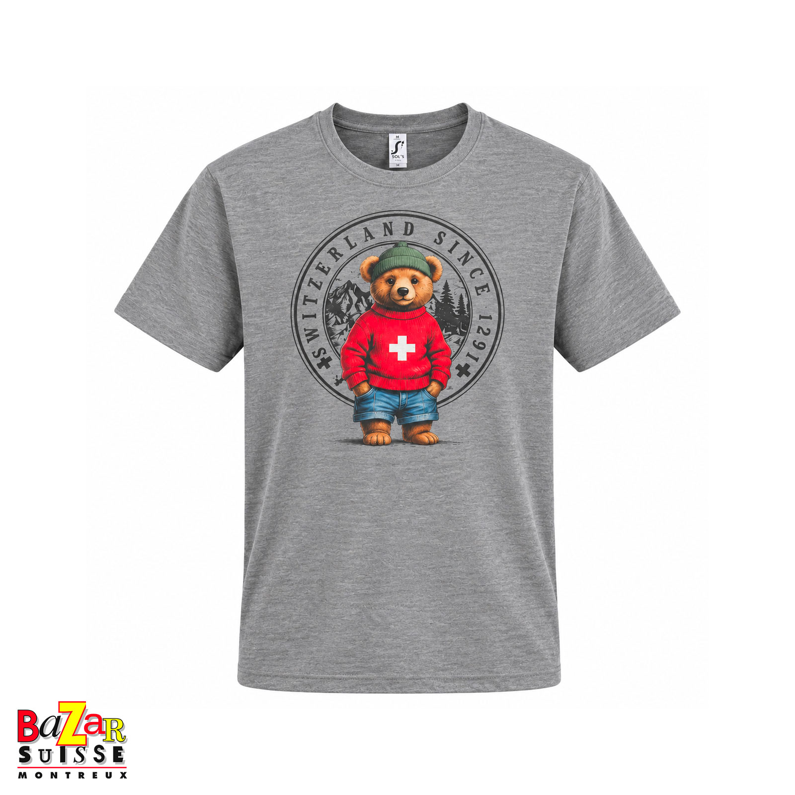 T-shirt gris unisexe avec ours suisse