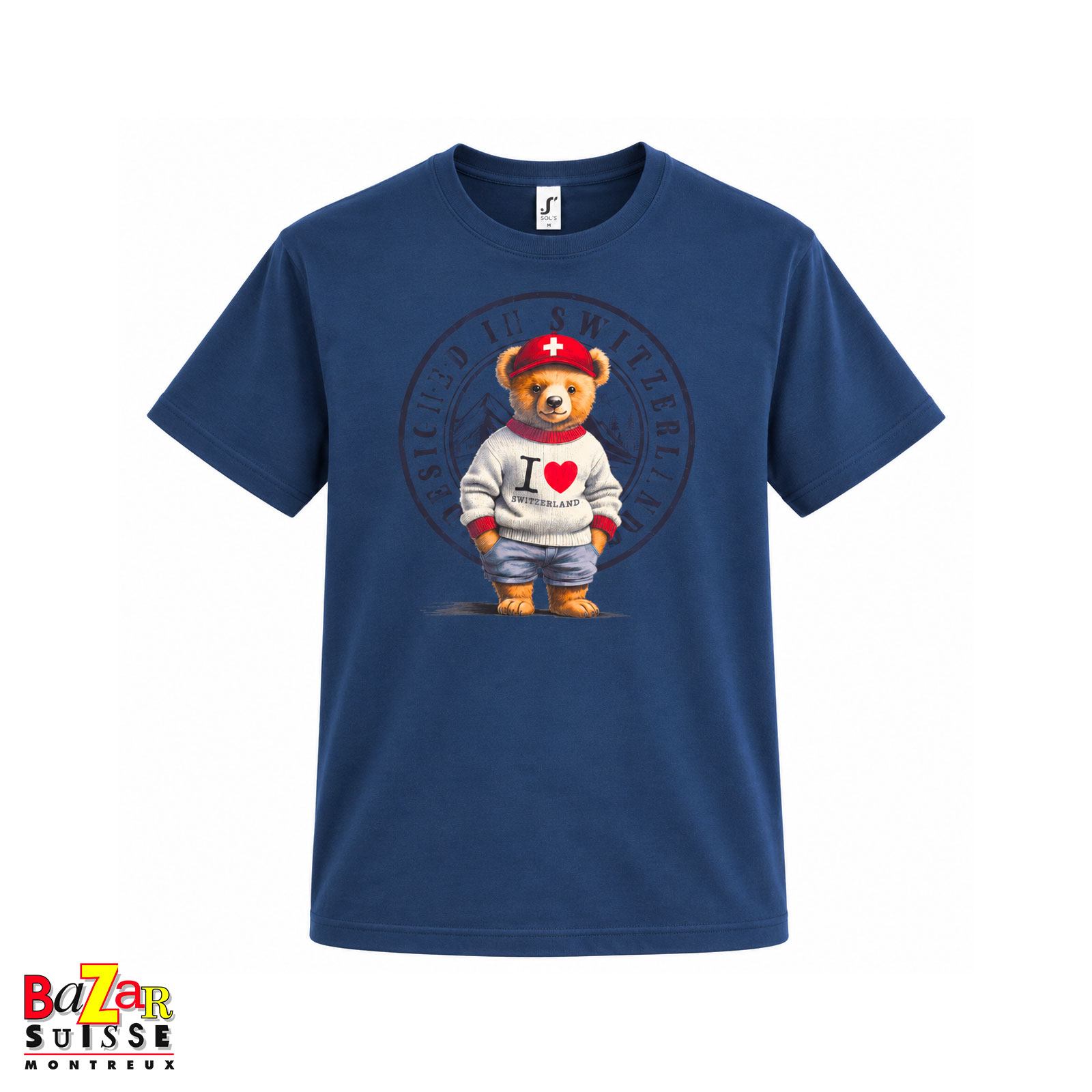 T-shirt bleu unisexe avec ours suisse