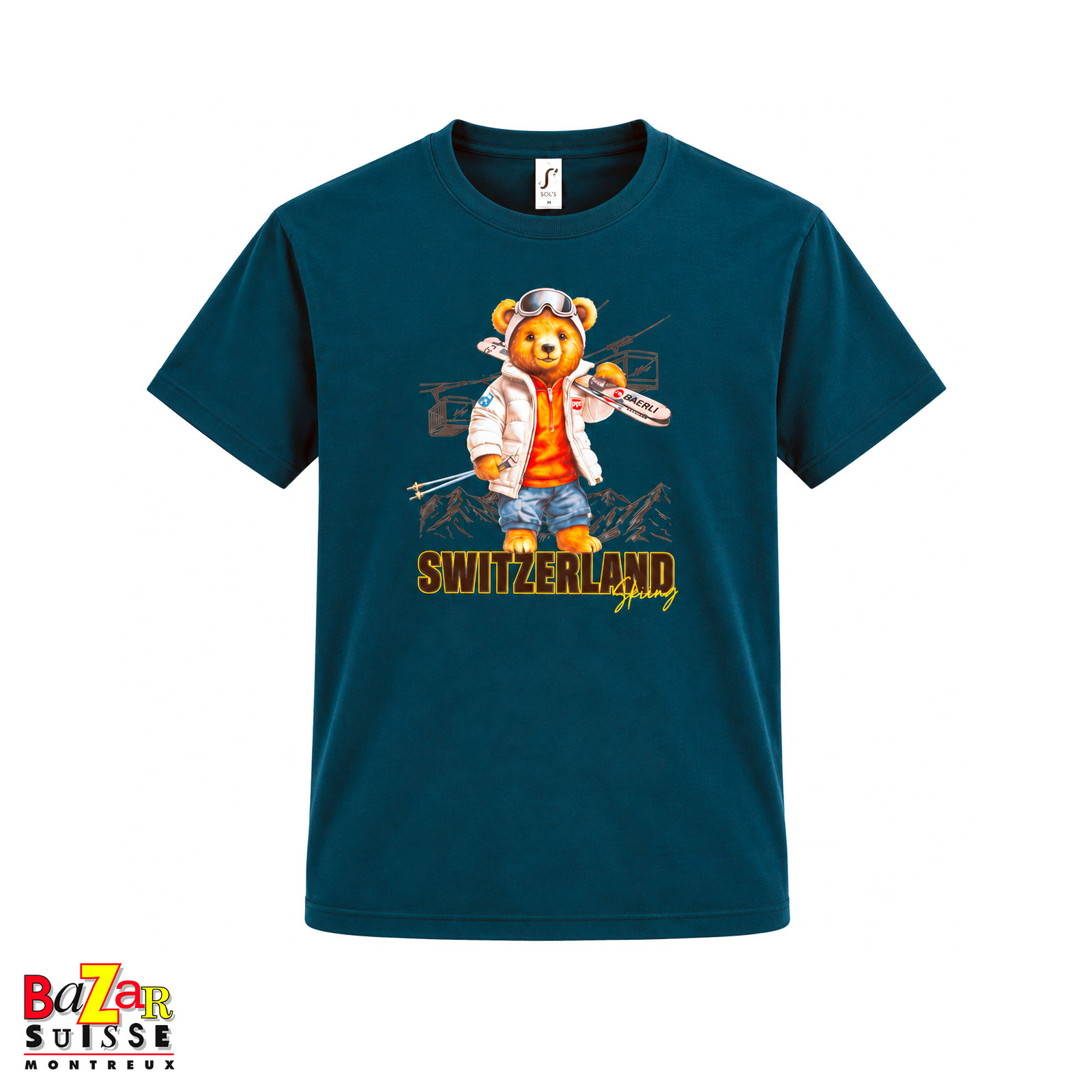 T-shirt pétrole unisexe avec ours suisse skieur