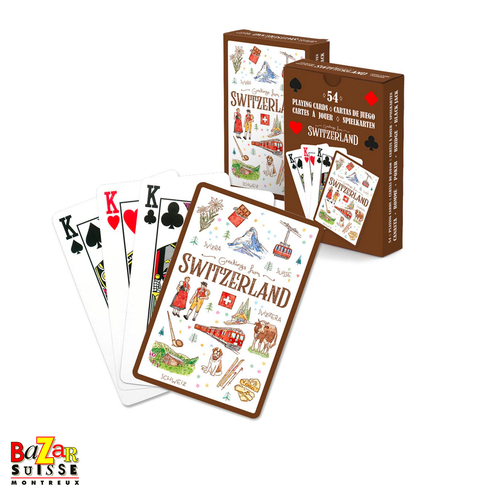 Jeu de 54 cartes à motifs suisses