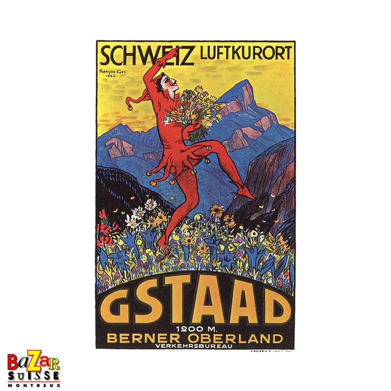 Poster Gstaad - personnage rouge et fleurs alpines